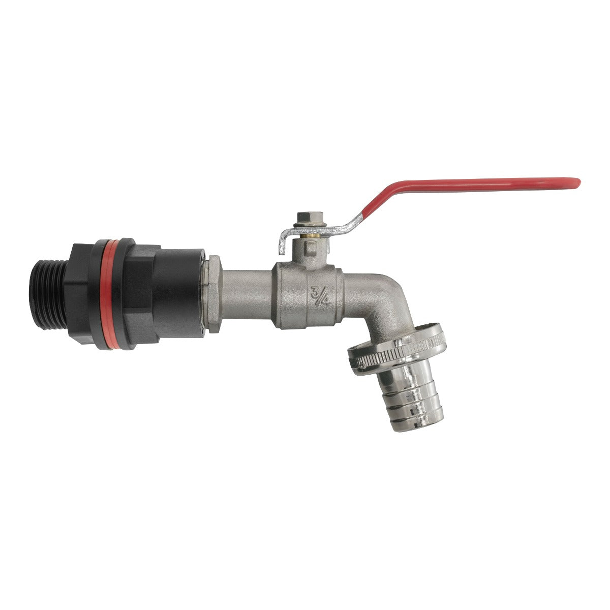 3/4in water butt tap with red lever and 3/4in barb connector