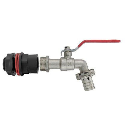 Water butt tap kit: red lever handle, 3/4in barb and hose connector