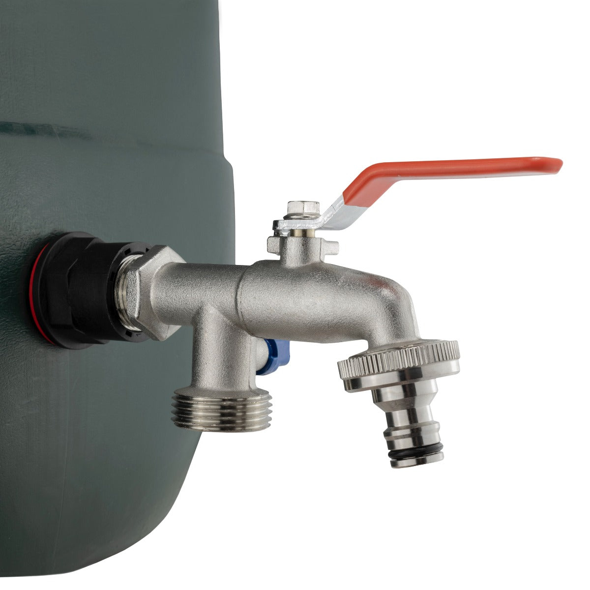 3/4" double tap with red lever, tank inlet connection, and hose outlet