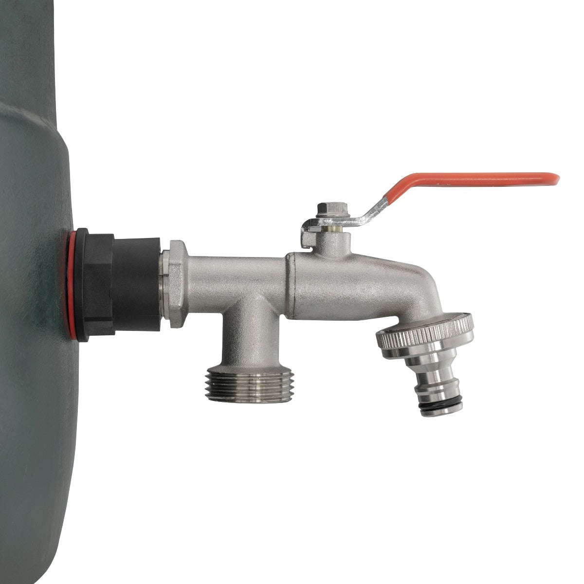 Double tap valve with red lever and two threaded outlets, 3/4"