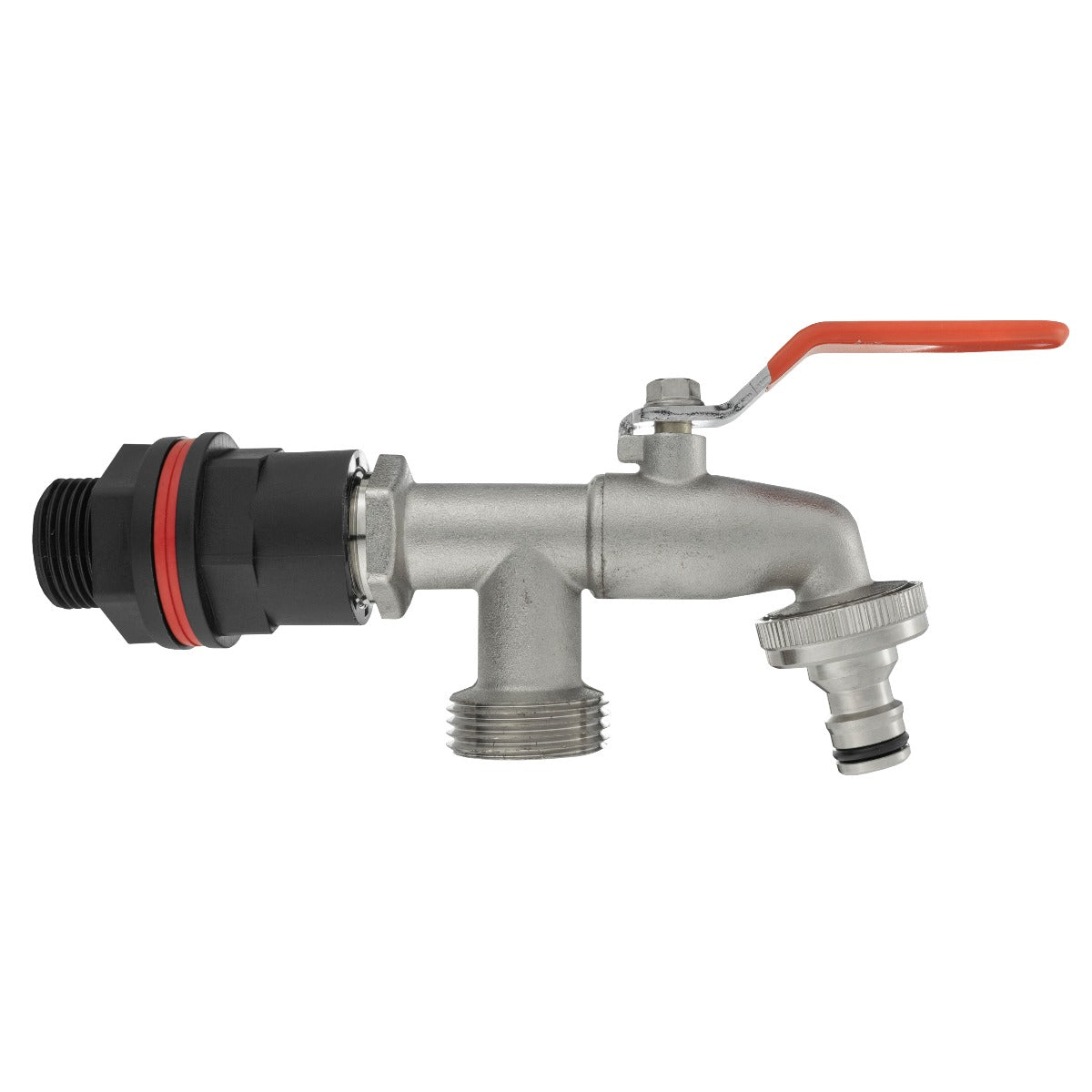 Water butts 3/4" double tap: complete valve with red lever and two fittings