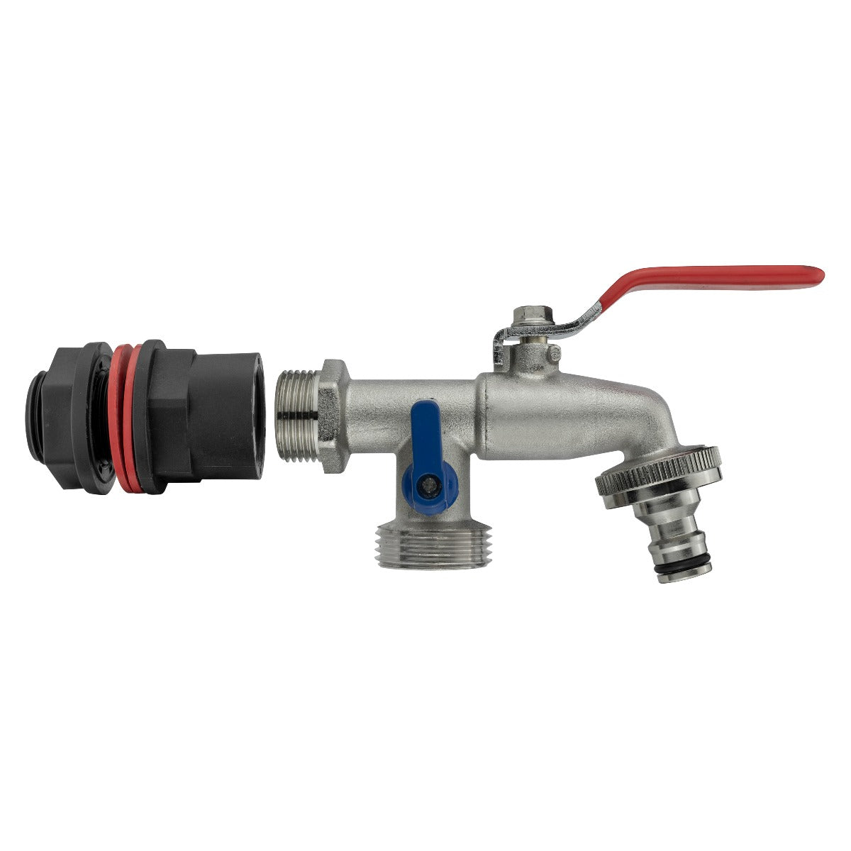Water butts kit 3/4" double tap: metal valve with red lever and side outlet