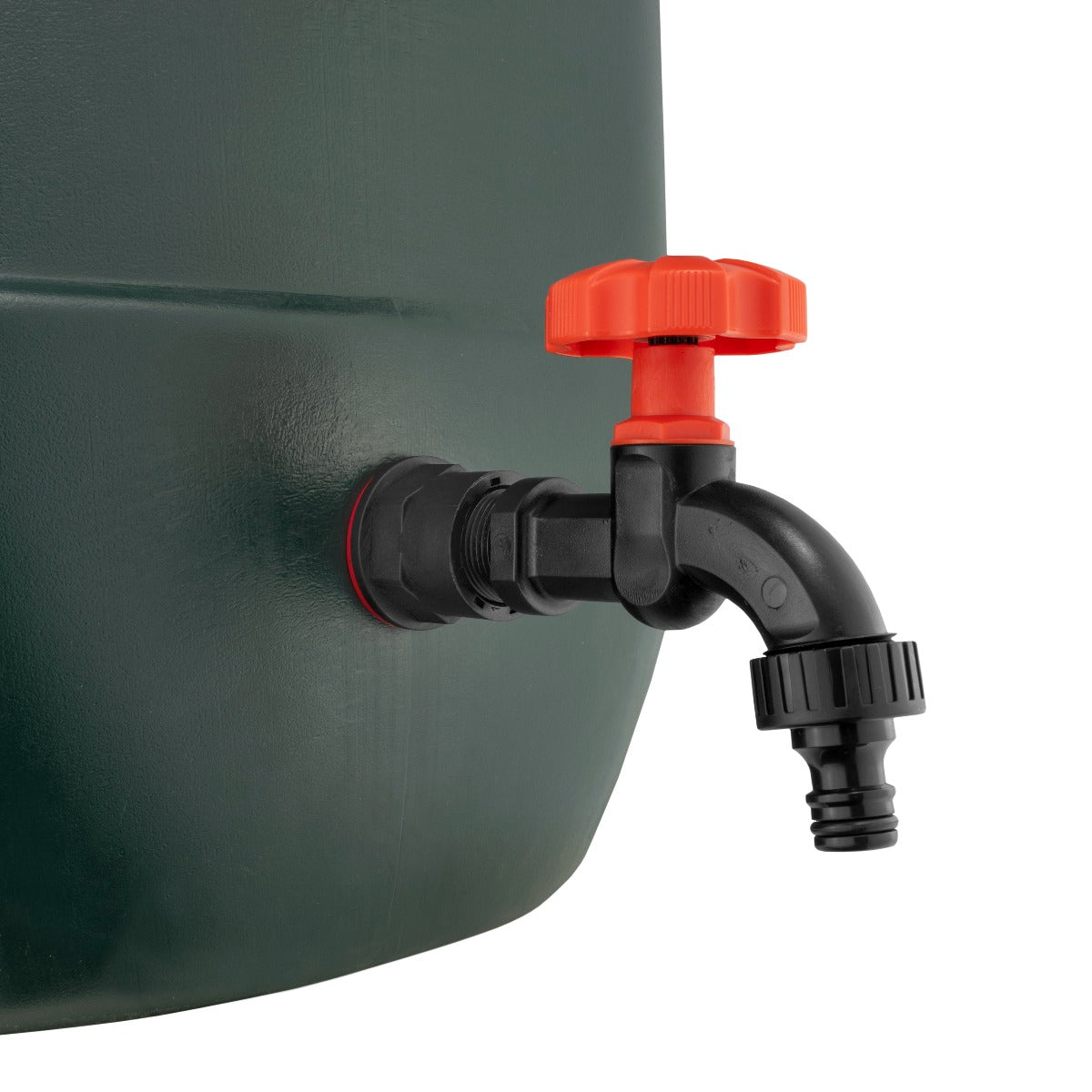 Black water butt tap with orange/red top, barbed hose outlet and tank connection
