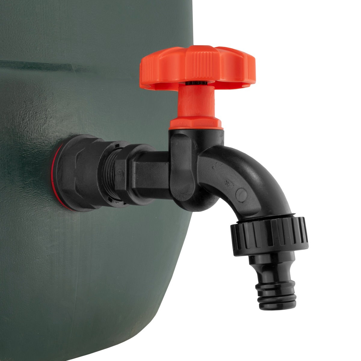 3/4" black water butt tap with orange/red cap, curved outlet and threaded inlet