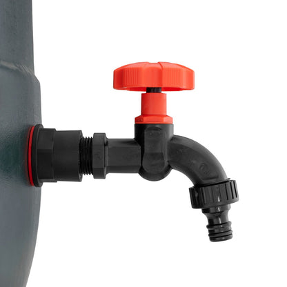Black water butt tap with orange/red cap, wall-mounted fitting and hose connector