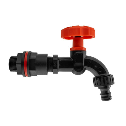 3/4" PP water butt tap kit in black with orange/red cap and side outlet