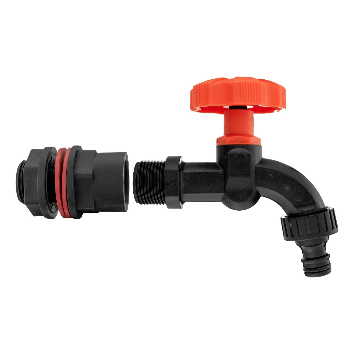 Water butt tap kit with black body, orange/red cap, threaded connector and hose outlet