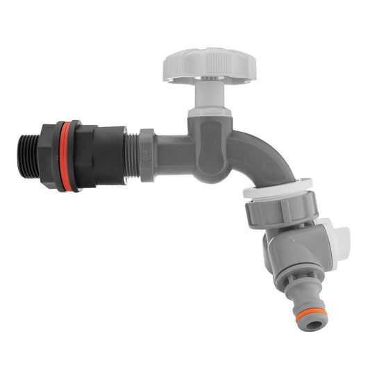 3/4in PP water butt tap splitter with grey body and white dial caps, twin connection outlets