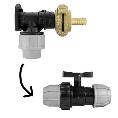 20mm wall flange kit inline valve with 1/2" barb; black valve, brass adapter