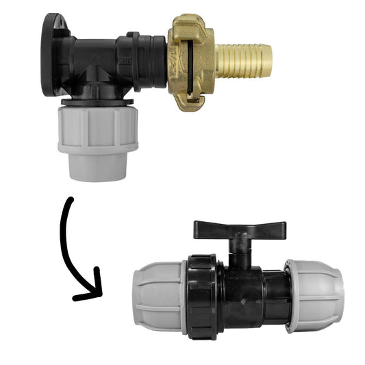 20mm MDPE wall flange kit with inline valve and 3/4" barb connection