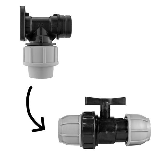 Wall flange kit 20mm MDPE with in-line valve, black and grey valve body