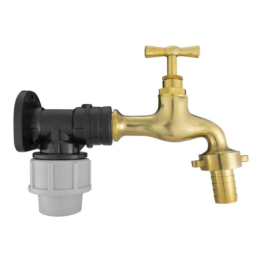 20mm MDPE wall flange kit with polished brass tap and black/grey pipe connector