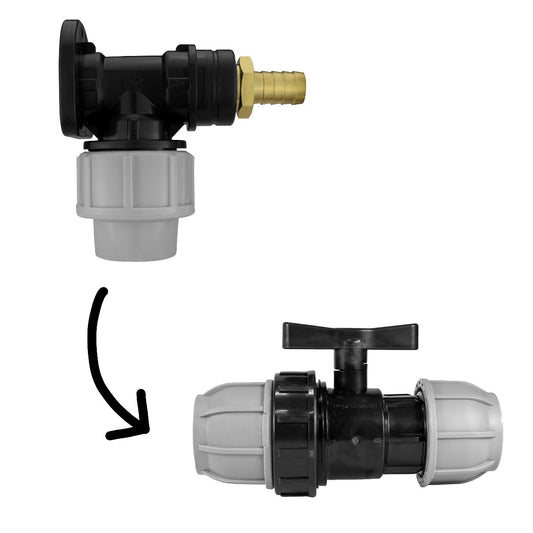 Wall flange kit with 20mm MDPE base, 1/2" barbed outlet and inline valve