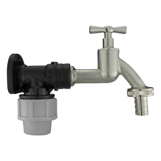 Wall flange kit: nickel bib tap with black MDPE elbow and 1/2" barb outlet