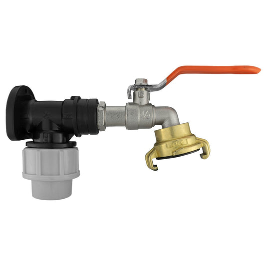 20mm MDPE wall flange kit with lever tap, black and grey valve with orange handle
