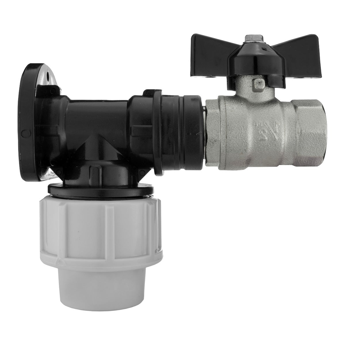 20mm MDPE wall flange kit with 1/2" BSP bib valve and elbow connection, black/metal body