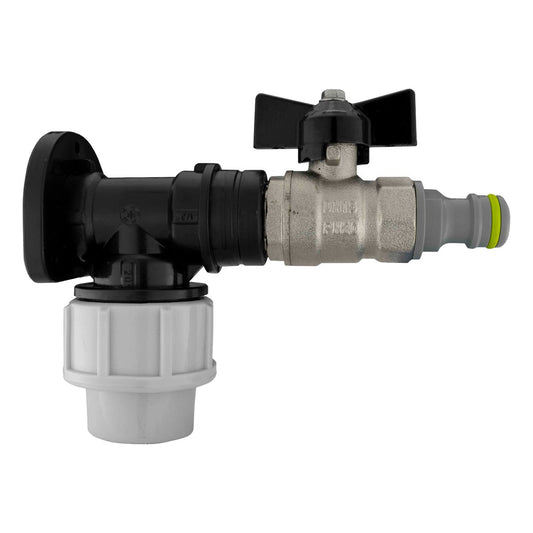 20mm MDPE wall flange kit with bib valve and 1/2" BSP snap-on connector