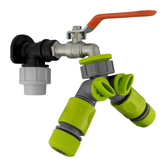 Wall flange kit 20mm MDPE: lever tap, two-way splitter and connectors