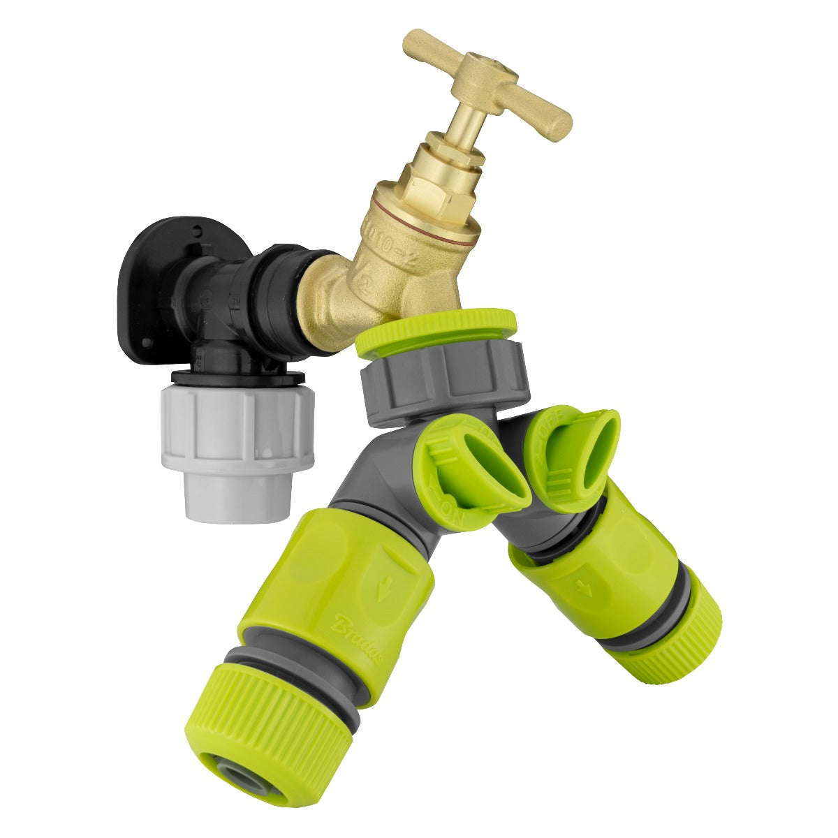 20mm MDPE wall flange kit with brass tap, two-way splitter and connectors
