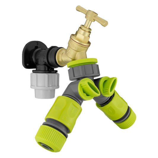 20mm MDPE wall flange kit with brass tap, two-way splitter and connectors