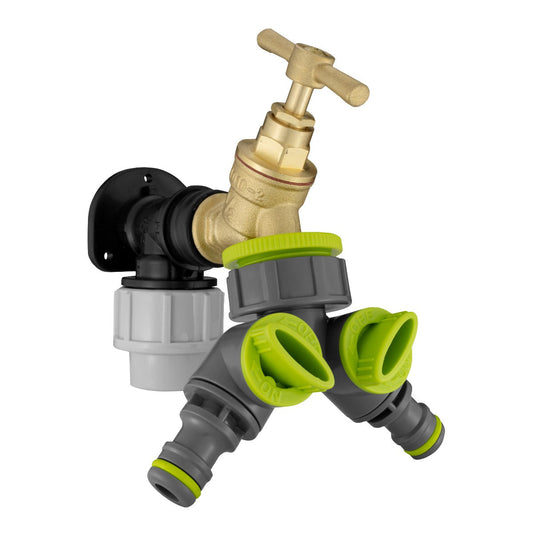 20mm MDPE Wall Flange Kit with brass tap and two-way splitter, green outlets