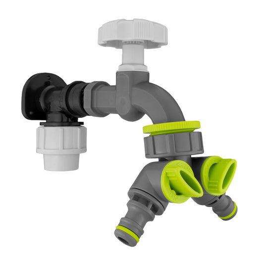 Wall flange kit 20mm MDPE bib tap with splitter, grey and green connectors