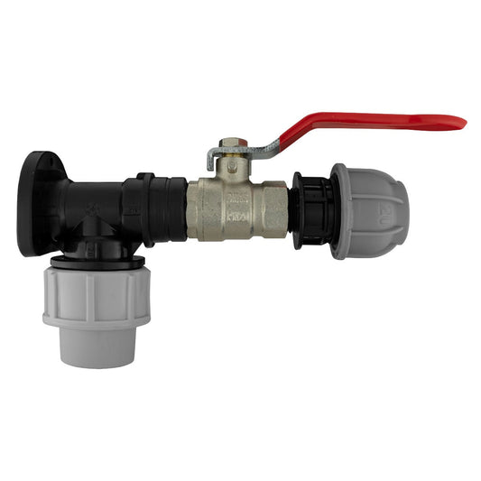 20mm MDPE wall flange kit with lever valve outlet, metal body and red lever handle