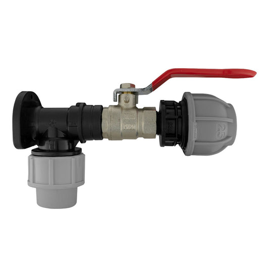 MDPE wall flange kit with lever valve; 20mm inlet and 25mm outlet