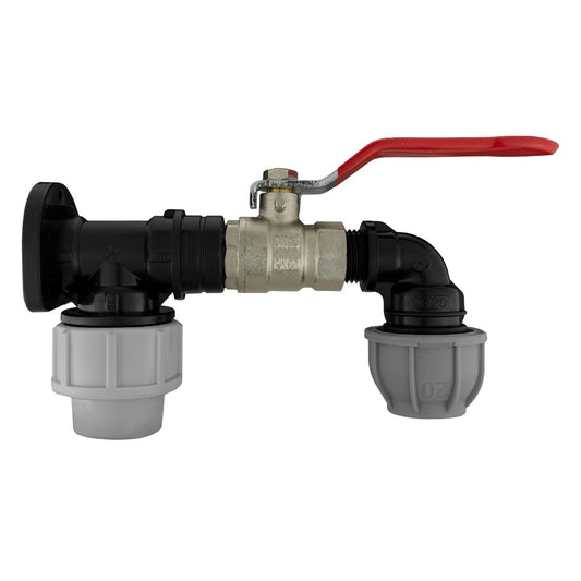 20mm MDPE wall flange kit with lever valve and 20mm elbow outlet, black/red handle