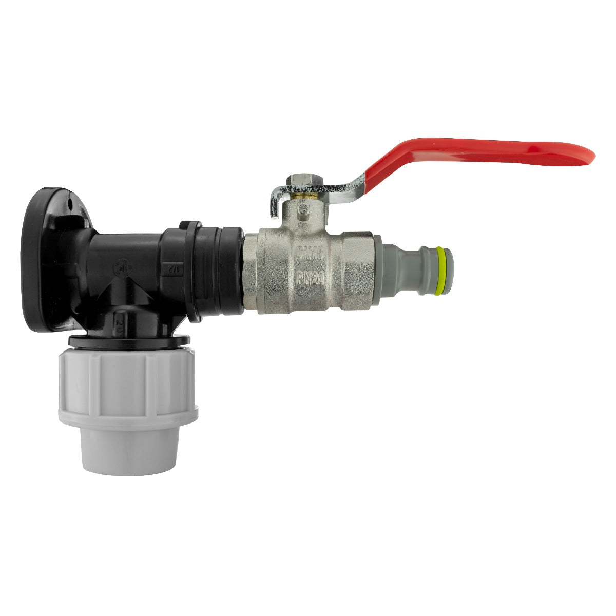 Wall flange kit 20mm MDPE lever valve with red handle and metal valve body