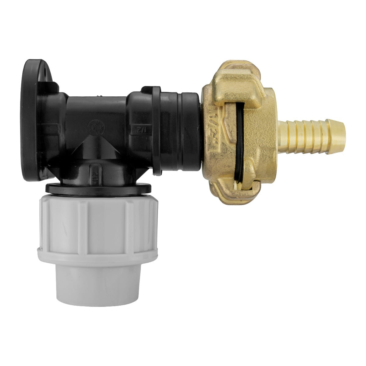 Wall flange kit 20mm MDPE with black elbow and brass 1/2in barb fitting