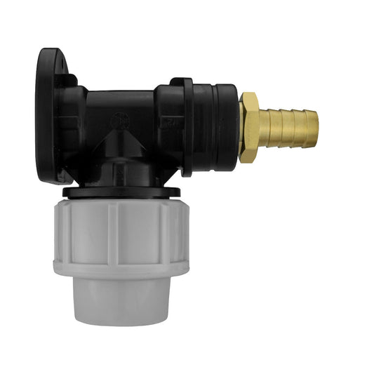 Wall flange kit with 20mm MDPE coupling and black elbow, 1/2" brass barb outlet