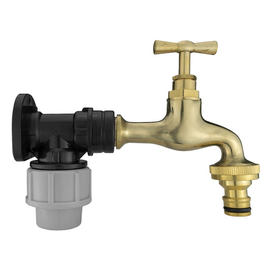 Polished brass bib tap with snap-on wall flange kit, 20mm MDPE