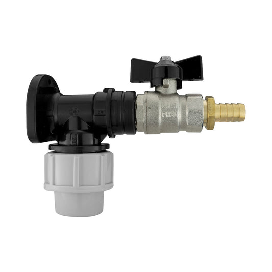 20mm MDPE wall flange kit with brass 13mm barbed bib valve and black elbow tap connector