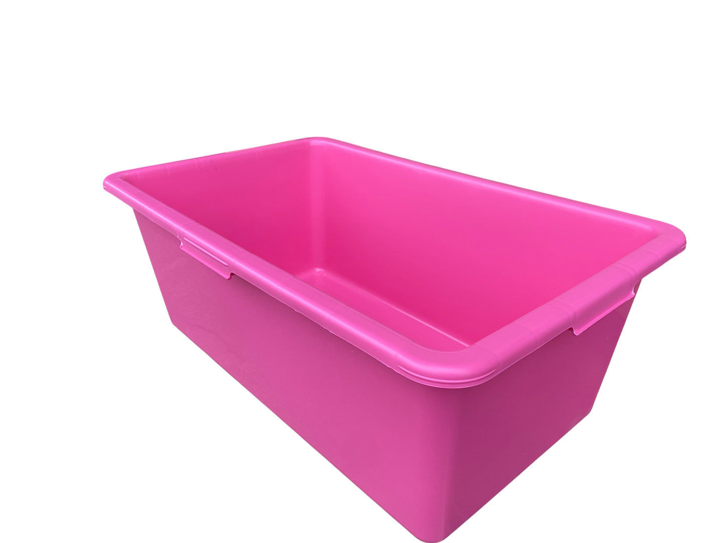 Pink rectangular dog bath tub with rounded edges, drain-ready design