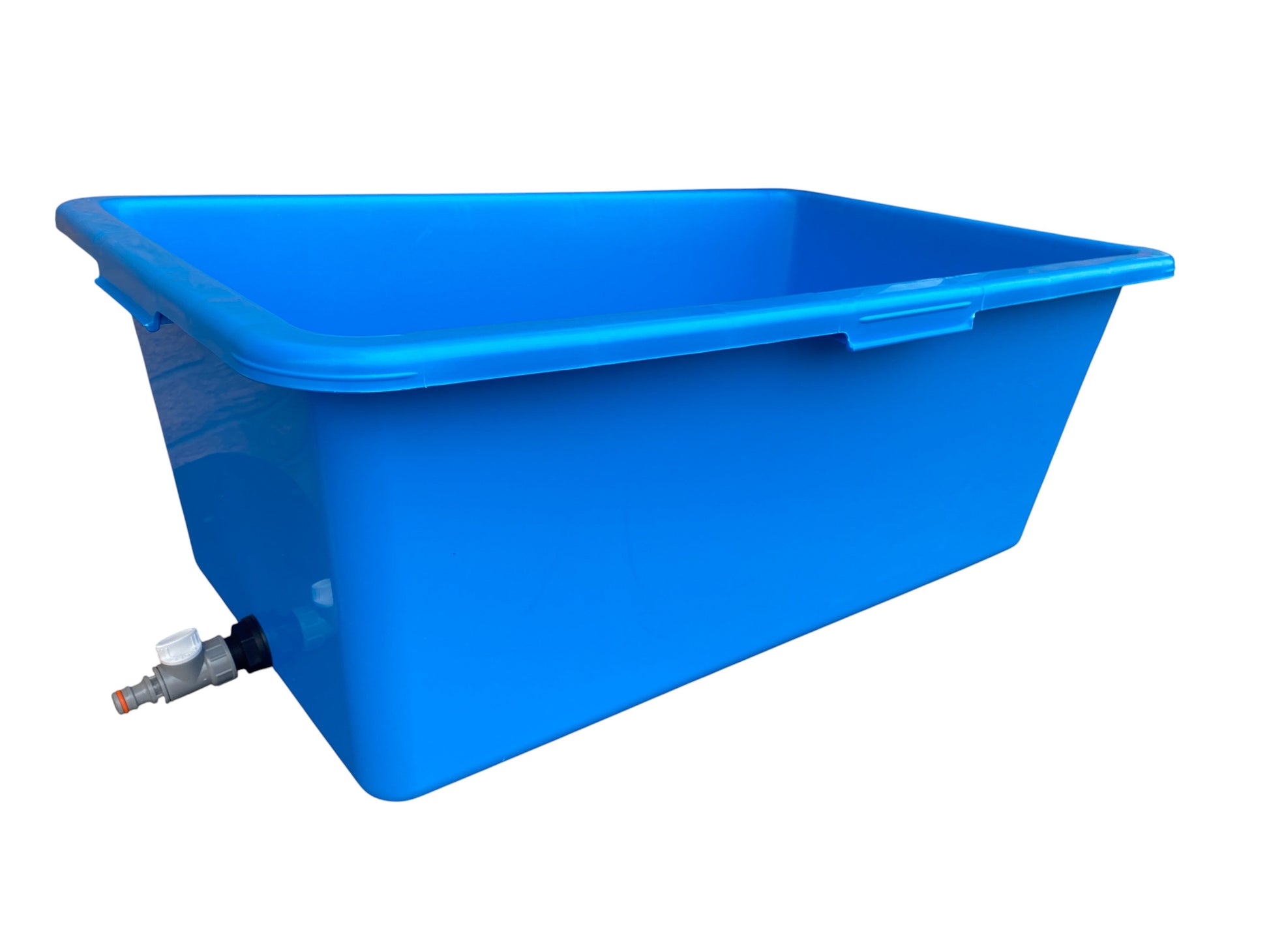 Blue dog bath with drain valve, blue plastic tub with side outlet and tap connection