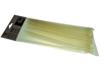 Pack of 100 neutral 2.5mm x 200mm light green cable ties with product label