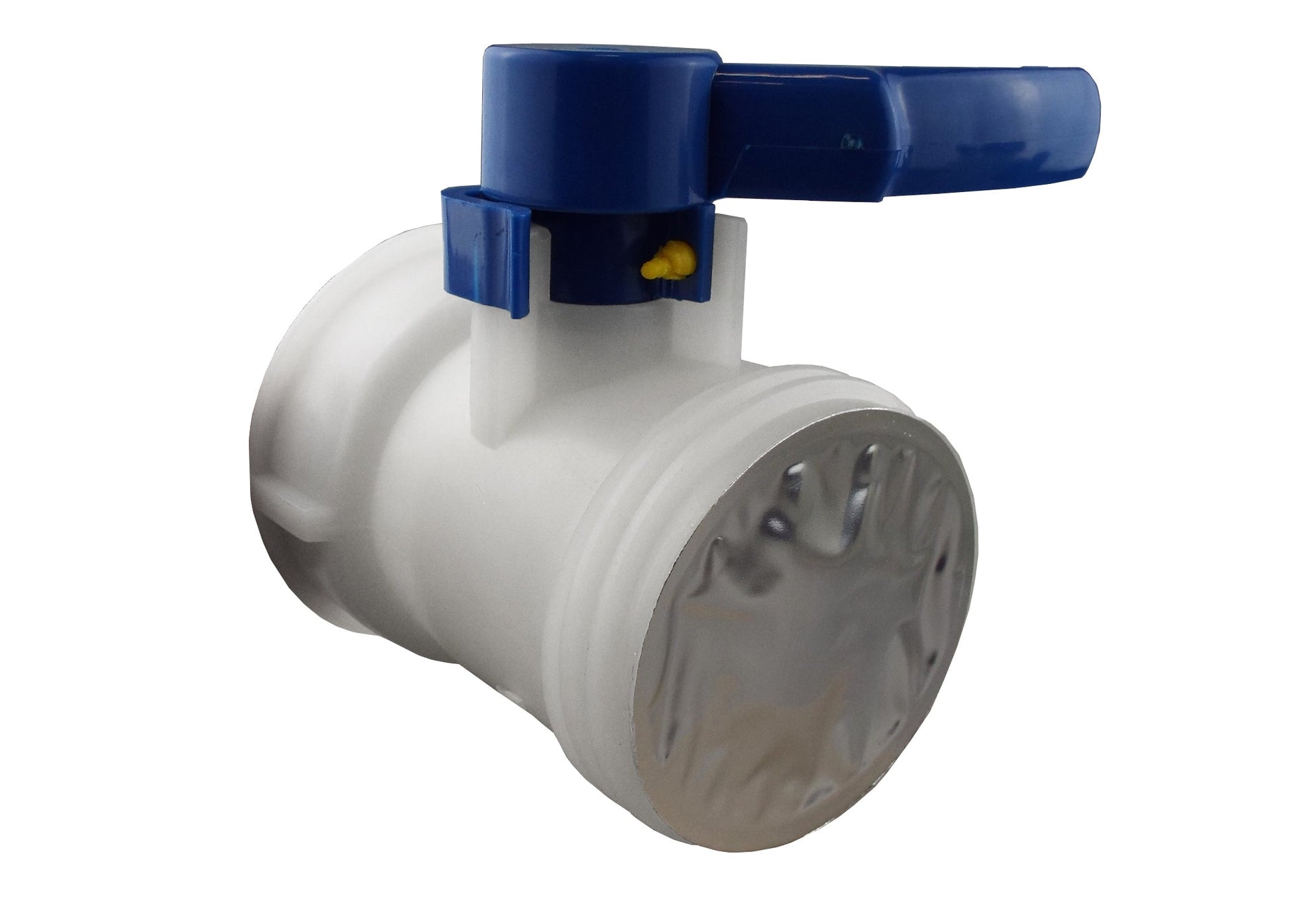 White IBC valve body with blue lever and grey camlock face