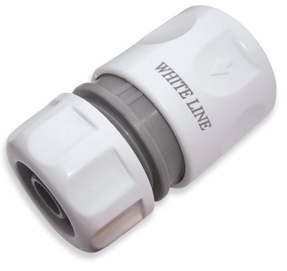 White-and-grey hose connector coupling with dark seal ring, front opening view