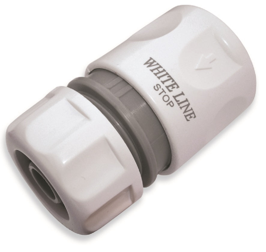 Hose connector coupling marked “WHITE LINE STOP”, white body with grey rubber seal
