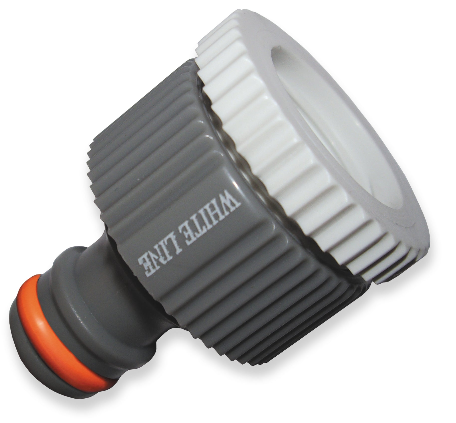 Garden hose connector with grey ridged grip, white coupling head, orange-ring tip