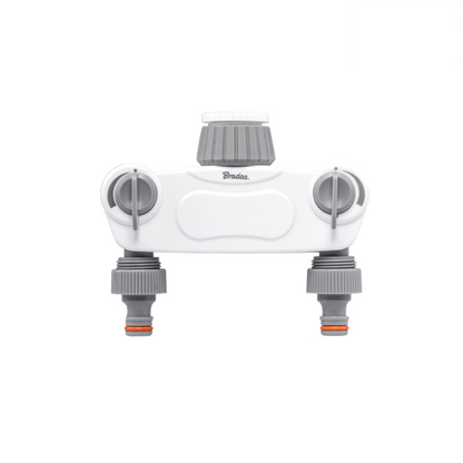 White 2-way manifold splitter with two shut-off tap valves and central control cap