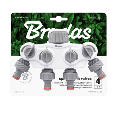 White 4-way manifold on card, tap connectors for 1 or 3/4 BSP