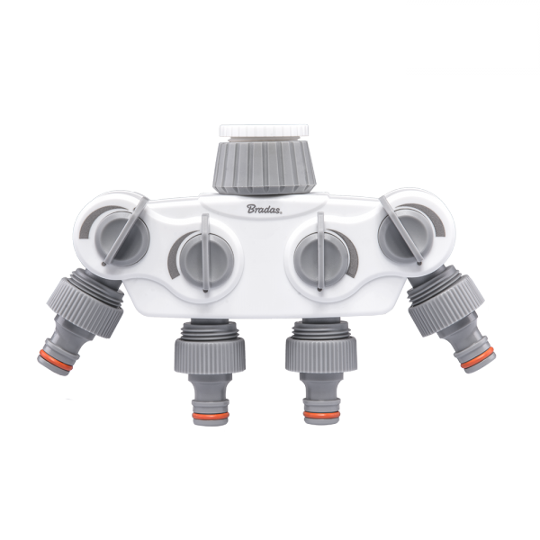 White 4-way manifold with BSP tap outlet, 1 or 3/4 connection