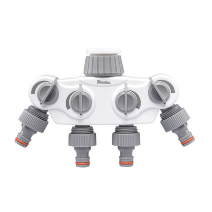 White 4-way manifold with BSP tap outlet, 1 or 3/4 connection