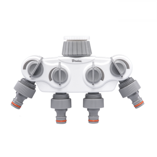 White 4-way manifold with BSP tap outlet, 1 or 3/4 connection