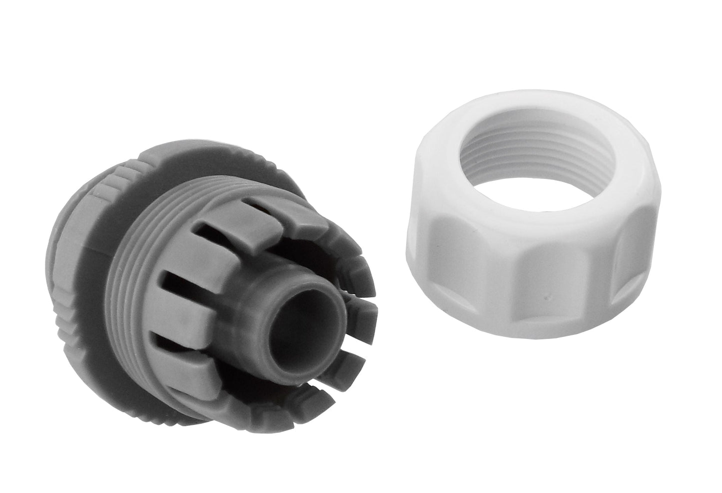 Hose Mender with two ends: hose socket and 3/4" BSPM male thread, grey/white