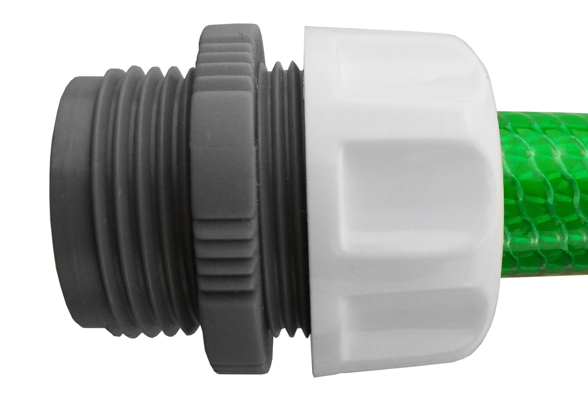 Hose Mender on hose: 1/2" connector with 3/4" BSPM thread, white/grey