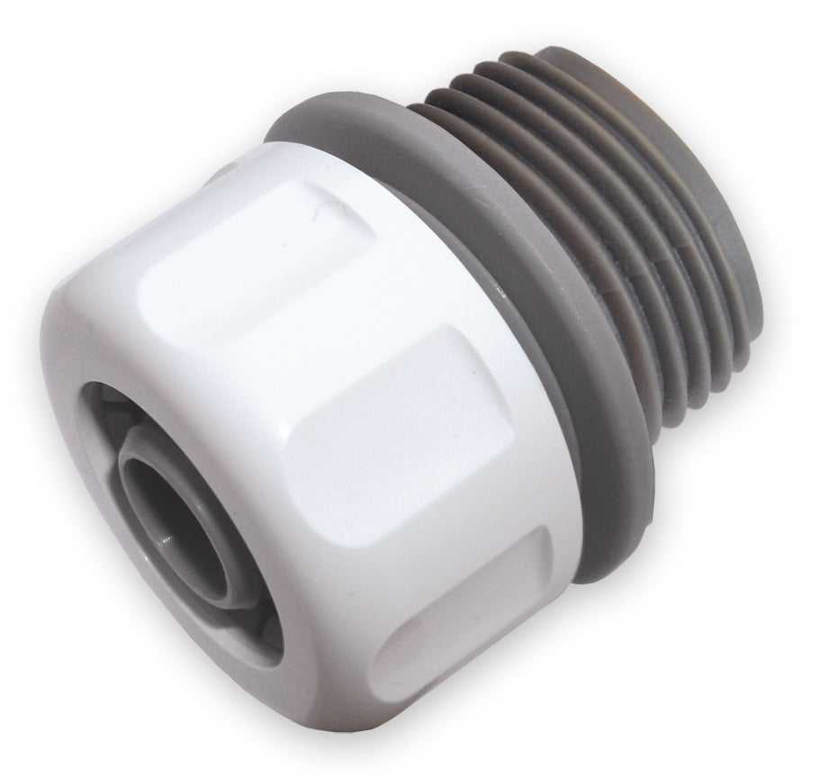 Hose Mender 1/2" with 3/4" BSPM nut, white plastic body and grey threads