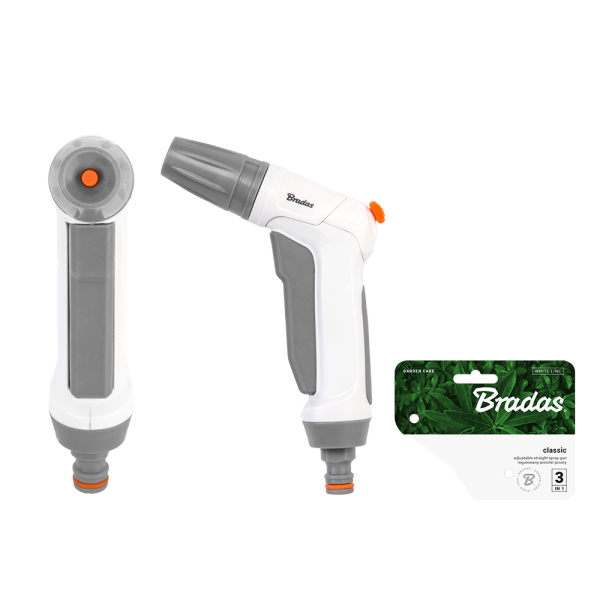 Hose sprayer nozzle with adjustable head and orange control, white and gray